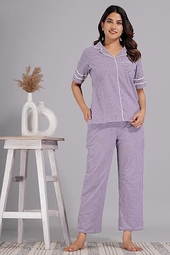 Checkered Pure Cotton Night Suit for Women | Comfortable & Stylish Half Sleeve Co-ord Set | Soft & Cozy Night Top & Pyjama Set - Image 3