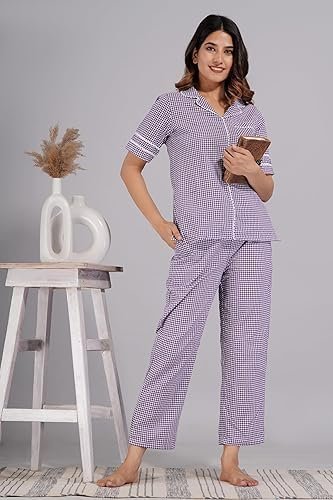 Checkered Pure Cotton Night Suit for Women | Comfortable & Stylish Half Sleeve Co-ord Set | Soft & Cozy Night Top & Pyjama Set - Image 2