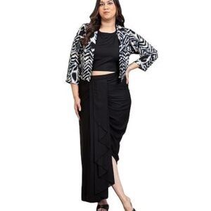 Women's Solid Calf Length Blazer & Solid Dhoti Pants with Crop Top|Shirt Collar|Cord Set for Women Fashion|Jumpsuits Western Dress for Women Stylish|Three Piece Co ord Set|Casual Wear(Black)