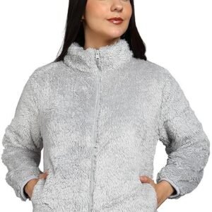 Women’s Fluffy Yarn Fleece Full-Zip Jacket | Soft Lightweight Warm Outerwear with Stand Collar & Piping at Hem & Cuffs