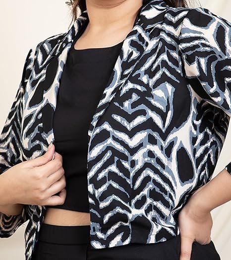 Women's Solid Calf Length Blazer & Solid Dhoti Pants with Crop Top|Shirt Collar|Cord Set for Women Fashion|Jumpsuits Western Dress for Women Stylish|Three Piece Co ord Set|Casual Wear(Black) - Image 4