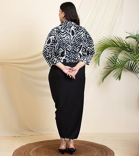 Women's Solid Calf Length Blazer & Solid Dhoti Pants with Crop Top|Shirt Collar|Cord Set for Women Fashion|Jumpsuits Western Dress for Women Stylish|Three Piece Co ord Set|Casual Wear(Black) - Image 2