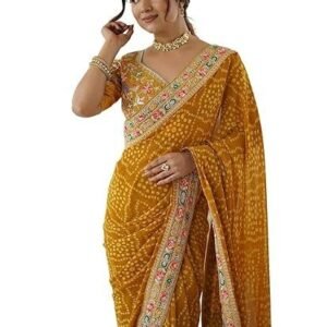 Women's Georgette Bandhani Printed Festive Saree with Unstitched Blouse Piece