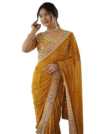 Women's Georgette Bandhani Printed Festive Saree with Unstitched Blouse Piece