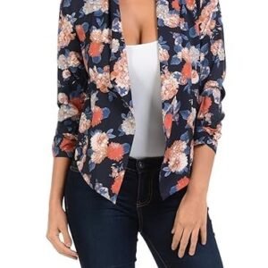 Womens Floral Casual Lightweight 3/4 Sleeve Fitted Open Blazer