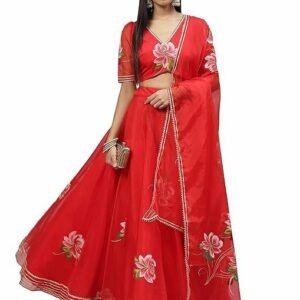 Red Hand Painted Organza Flared Lehenga Choli Set with Organza Dupatta