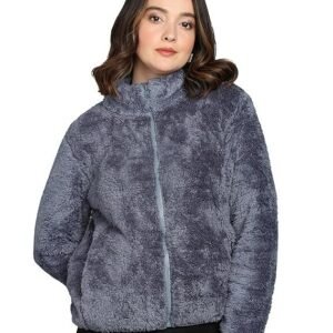 Women’s Fluffy Yarn Fleece Full-Zip Jacket | Soft Lightweight Warm Outerwear with Stand Collar & Piping at Hem & Cuffs