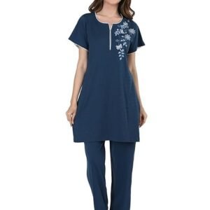Women's Cotton Embroided Long Length Night Suit Set