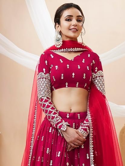 Women's Georgette Embroidered Fabric Sequins Zari Embroidered Semi-Stitched Lehenga Choli With Dupatta (300-Wedding-Bridal--New-Stylish) - Image 2