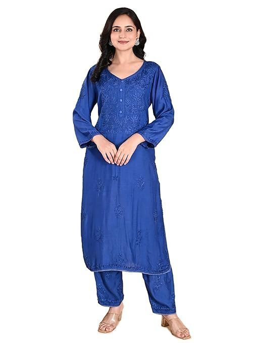 Women’s Blue Muslin Chikankari Kurta Set with Pajama | Hand-Embroidered Lucknow Chikan Work | Elegant Ethnic Wear | Festive Long Kurti Set