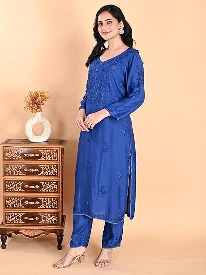 Women’s Blue Muslin Chikankari Kurta Set with Pajama | Hand-Embroidered Lucknow Chikan Work | Elegant Ethnic Wear | Festive Long Kurti Set - Image 4