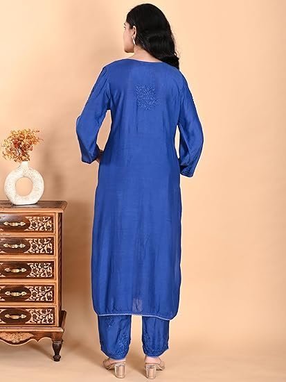 Women’s Blue Muslin Chikankari Kurta Set with Pajama | Hand-Embroidered Lucknow Chikan Work | Elegant Ethnic Wear | Festive Long Kurti Set - Image 2
