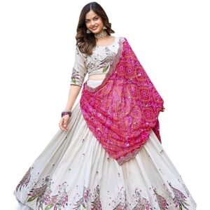 Women's Chinnon Sequins Embroidered Lehenga Choli With Dupatta Set (Peacock)