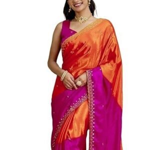 Women's Chinnon Silk Sequins Embroidery & Scalloped Border Saree with Unstitched Blouse Piece