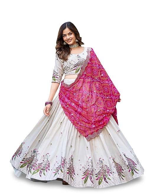 Women's Chinnon Sequins Embroidered Lehenga Choli With Dupatta Set (Peacock)