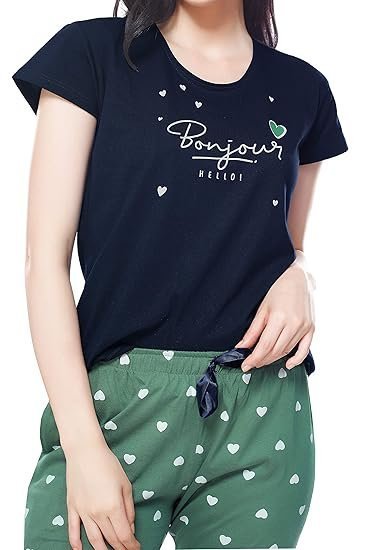 Women's Cotton Heart Printed Night Suit Set of Top & Capri 5233 - Image 6