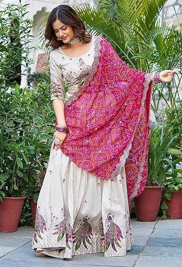 Women's Chinnon Sequins Embroidered Lehenga Choli With Dupatta Set (Peacock) - Image 2