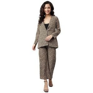 Women's Relaxed Fit Animal Print Blazer & Pant Co-Ord Set with Two Pockets|Full Sleeves Cord Set|Two Piece Western Suit for Ladies|Girls Casual Outfits|Fashionable for Party (Brown)