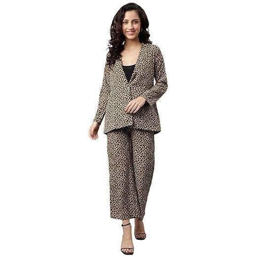 Women's Relaxed Fit Animal Print Blazer & Pant Co-Ord Set with Two Pockets|Full Sleeves Cord Set|Two Piece Western Suit for Ladies|Girls Casual Outfits|Fashionable for Party (Brown)