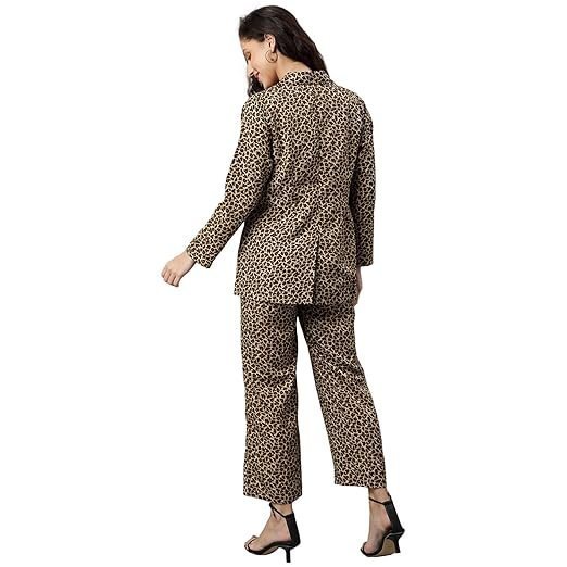 Women's Relaxed Fit Animal Print Blazer & Pant Co-Ord Set with Two Pockets|Full Sleeves Cord Set|Two Piece Western Suit for Ladies|Girls Casual Outfits|Fashionable for Party (Brown) - Image 4