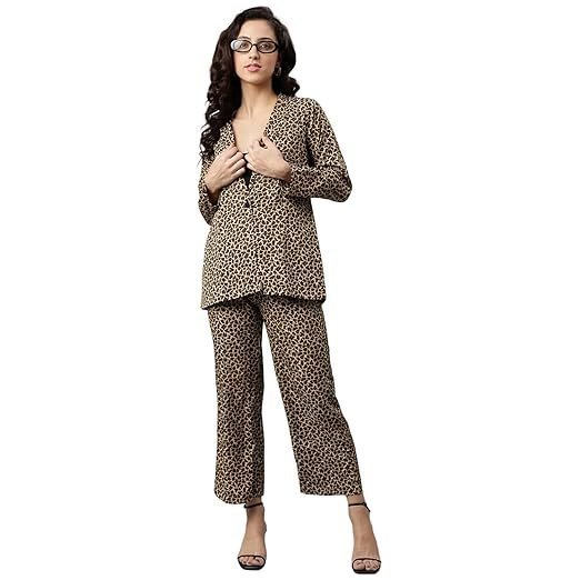 Women's Relaxed Fit Animal Print Blazer & Pant Co-Ord Set with Two Pockets|Full Sleeves Cord Set|Two Piece Western Suit for Ladies|Girls Casual Outfits|Fashionable for Party (Brown) - Image 2