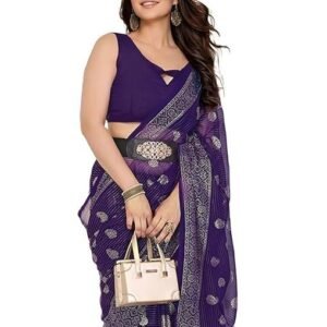 Women'S Georgette Foil Printed Lace Work Saree With Unstitched Blouse Piece
