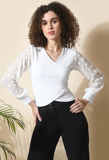 Women's V-Neck Full Sleeve Crop Top White - Image 4