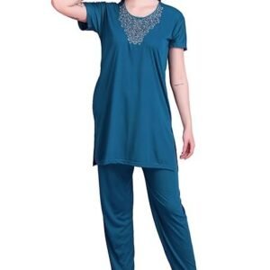Women's Cotton Lycra Night Suit | Embroidered Neck | Soft, Stretchable & Breathable Sleepwear (#2550)