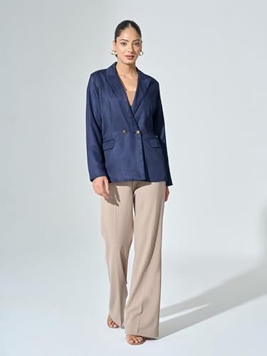 Women's Solid Polyester Double Breasted Blazer with Button Closure - Full Sleeve, Notch Lapel Collar, Viscose-Suiting Fabric, Core Collection, Made in India Blue - Image 2