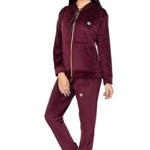 Women's Velvet Zipper Winter Wear Night Suit Track Suit with Hood and Pajama