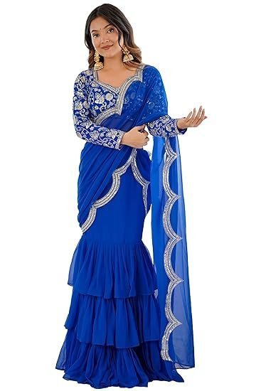 Women's Faux Georgette Ruffle Saree With Unstitched Blouse Piece