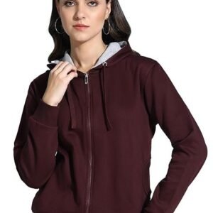 Women's Solid Zipper Hooded Sweatshirt | Front Zip, Ribbed Hem, Lined Hood, Casual Winter Wear