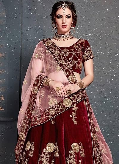 Women's Maroon Embroidered A Line Lehenga