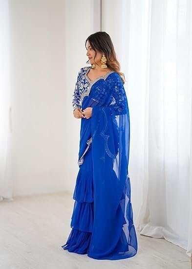 Women's Faux Georgette Ruffle Saree With Unstitched Blouse Piece - Image 4