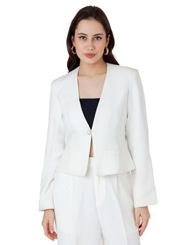 Women's White Solid Fitted Blazer