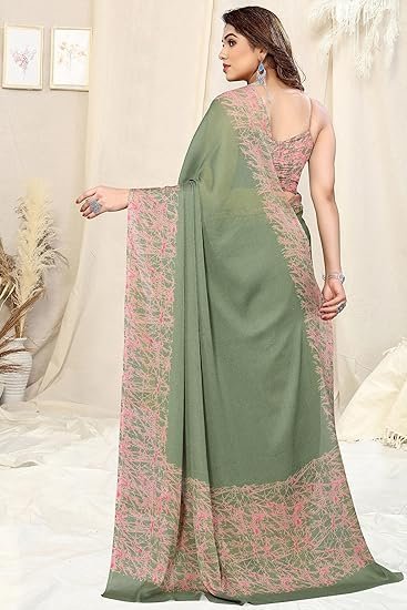 Women's Plain Weave Chiffon Abstrect Printed Saree with Blouse Piece - Image 4
