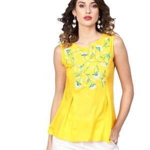 Women's Rayon Slub Embroidered Straight Regular Fit Top for Women