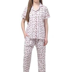 Women's Pure Cotton Night Suit Set, Floral Print, Short Sleeve Top with Pajama for Women & Girls Relaxed Fit Casual Night Wear, Sleepwear