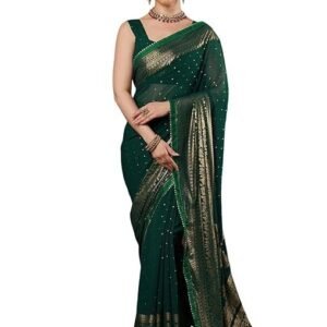 Women's Georgette Foil Printed Lace Work Saree with Unstitched Blouse Piece