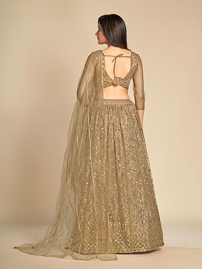 Women's Net Embroidery Sequence Work Lehenga Choli Unstitch Blouse with Dupatta - Image 4