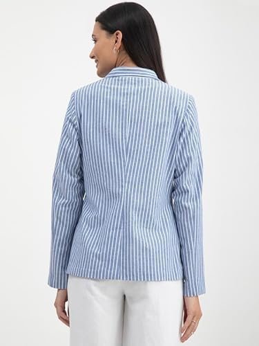 Linen Single Breasted Blazer - Blue - Image 4