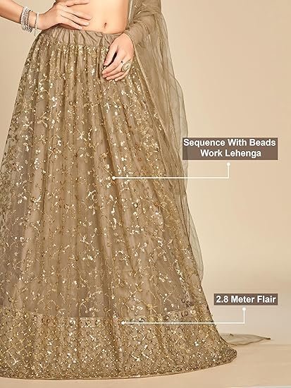 Women's Net Embroidery Sequence Work Lehenga Choli Unstitch Blouse with Dupatta - Image 2