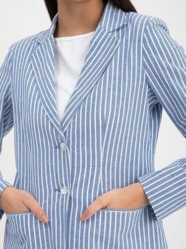 Linen Single Breasted Blazer - Blue - Image 3