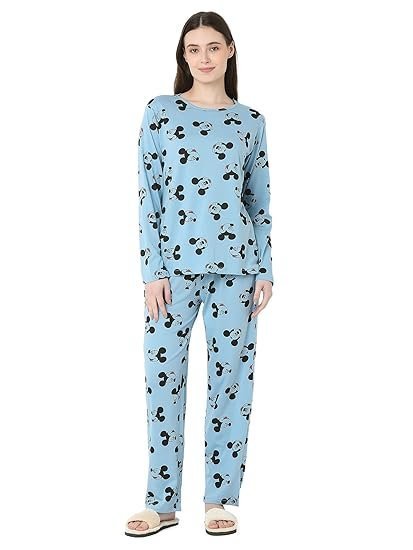 Women's Cotton Mickey Mouse Print Pastel Blue Color Full Sleeves Night Suit.