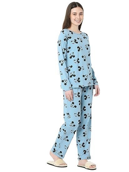 Women's Cotton Mickey Mouse Print Pastel Blue Color Full Sleeves Night Suit. - Image 5