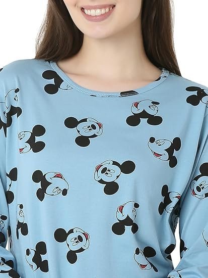 Women's Cotton Mickey Mouse Print Pastel Blue Color Full Sleeves Night Suit. - Image 3