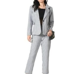 Cotton Blend Checkered Formal Top Pant Western Set with Blazer