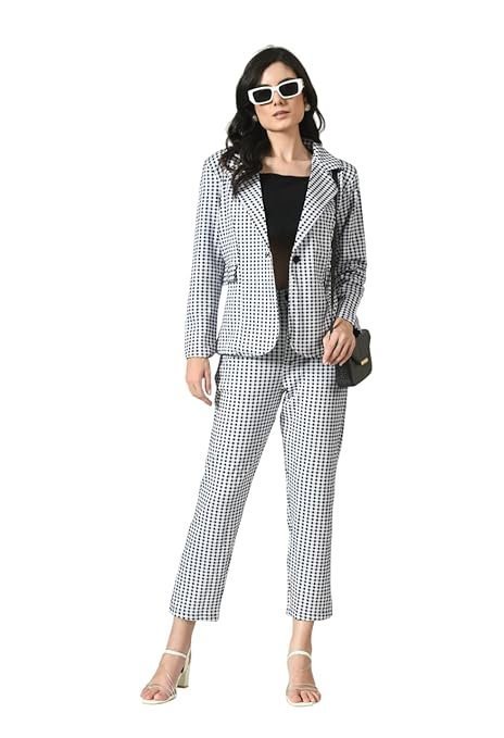 Cotton Blend Checkered Formal Top Pant Western Set with Blazer