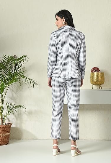 Cotton Blend Checkered Formal Top Pant Western Set with Blazer - Image 5