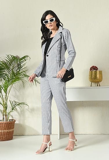Cotton Blend Checkered Formal Top Pant Western Set with Blazer - Image 4